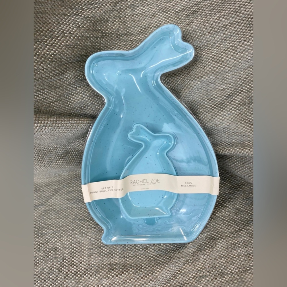 Rachel Zoe Blue Speckled Melamine Rabbit Serving Tray & Bowl set - Brand New